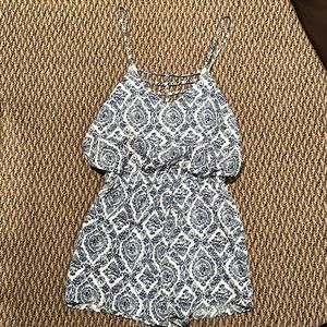 Blue and White Damask Patterned Romper